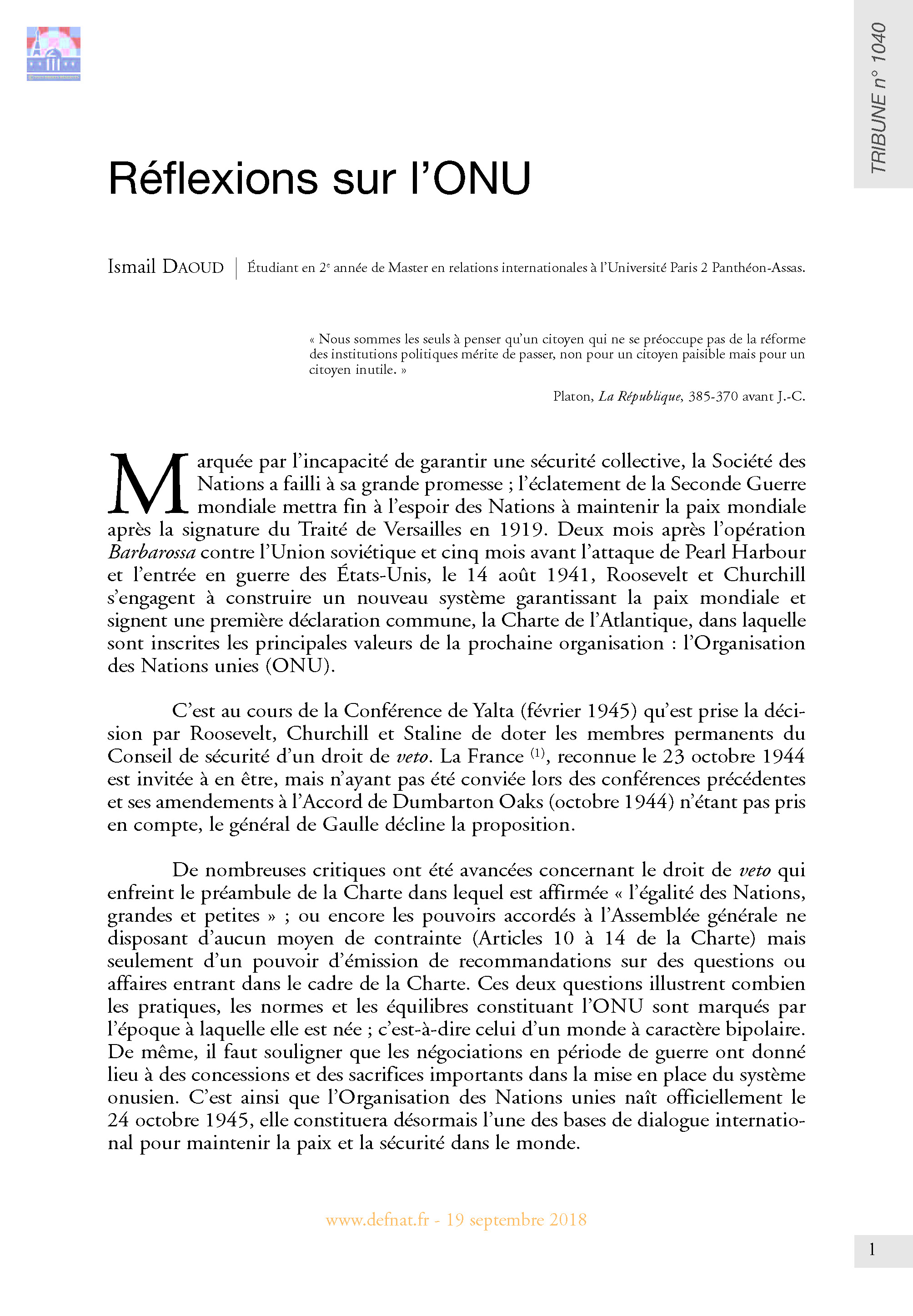 Réflexions sur l’ONU (T 1040)

